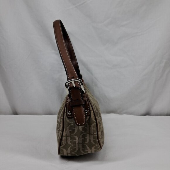 Vtg Fossil Brown Green Signature Jacquard Fabric Leather Trim Shoulder Demi Bag - Picture 4 of 14